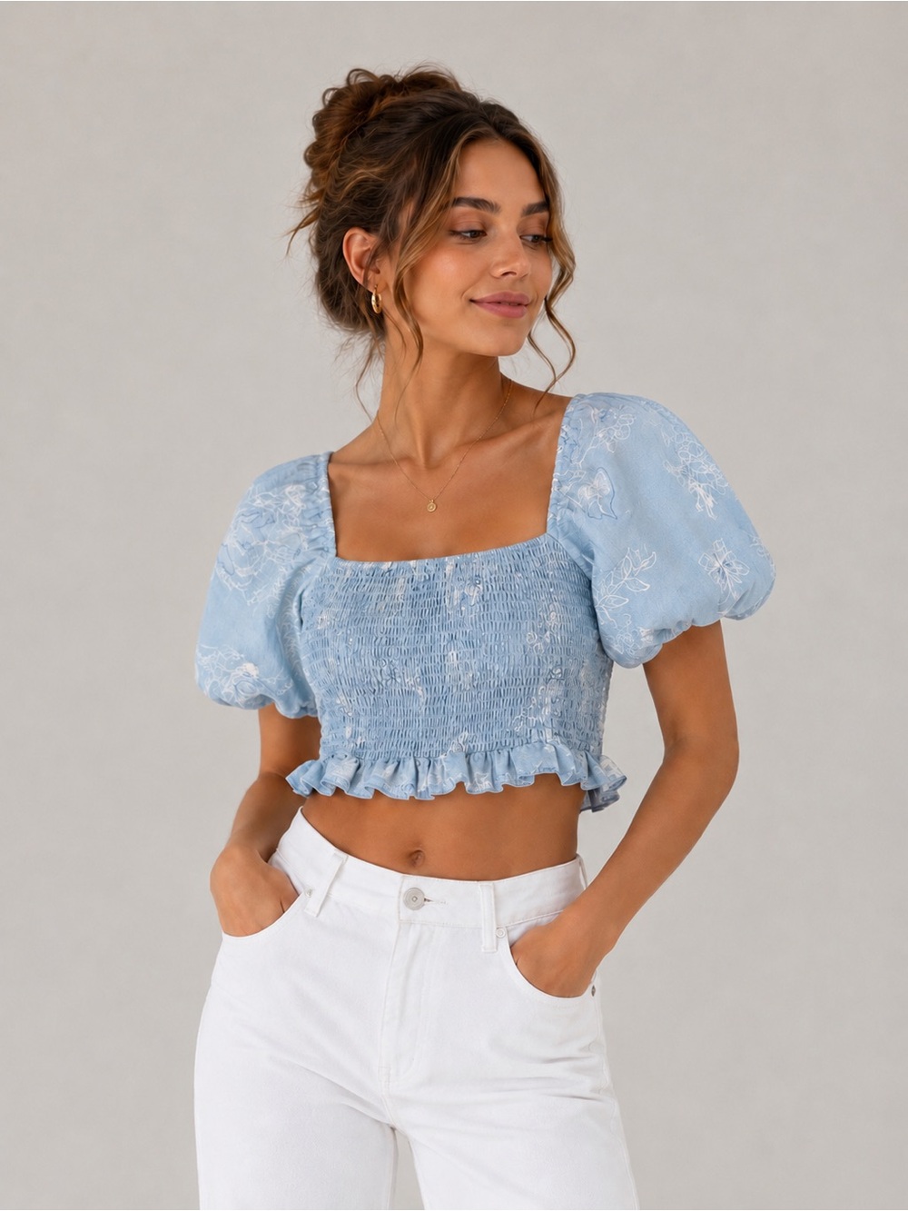 George Light Blue Smocked Puff Sleeve Crop Top | Medium